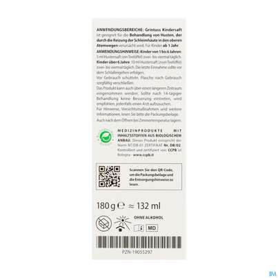 Sie sehen eine Packung Hustensaft Aboca Grintuss Kinder Ab 1jahr 180g, Produktbild: 04 Hustensaft Aboca Grintuss Kinder Ab 1jahr 180g, A-Nr.: 5817510 - 04
