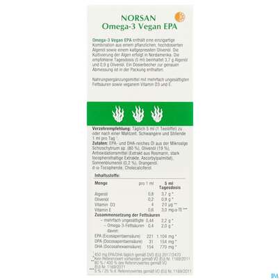 Sie sehen eine Packung Omega -3 Norsan Oel/vegan/epa/hochd. Orangengeschmack 100ml, Produktbild: 05 Omega -3 Norsan Oel/vegan/epa/hochd. Orangengeschmack 100ml, A-Nr.: 5948034 - 05