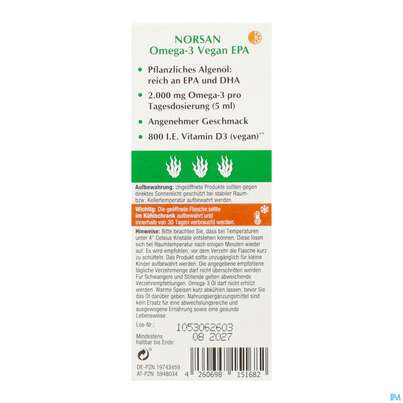 Sie sehen eine Packung Omega -3 Norsan Oel/vegan/epa/hochd. Orangengeschmack 100ml, Produktbild: 08 Omega -3 Norsan Oel/vegan/epa/hochd. Orangengeschmack 100ml, A-Nr.: 5948034 - 08