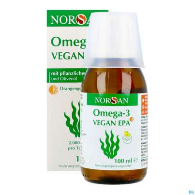 Sie sehen eine Packung Omega -3 Norsan Oel/vegan/epa/hochd. Orangengeschmack 100ml, Produktbild: 12 Omega -3 Norsan Oel/vegan/epa/hochd. Orangengeschmack 100ml, A-Nr.: 5948034 - 12