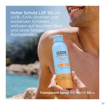 Sie sehen eine Packung Sonnenprodukte Isdin/fotoprotection Wet Skin Spray Lsf 50 250ml, Produktbild: 07 Sonnenprodukte Isdin/fotoprotection Wet Skin Spray Lsf 50 250ml, A-Nr.: 5608048 - 07