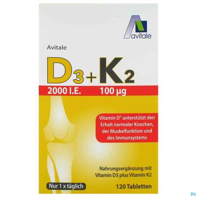 Sie sehen eine Packung D3+k2 Tabl 2000ie +100ug 120st, Produktbild: 01 D3+k2 Tabl 2000ie +100ug 120st, A-Nr.: 5296100 - 01