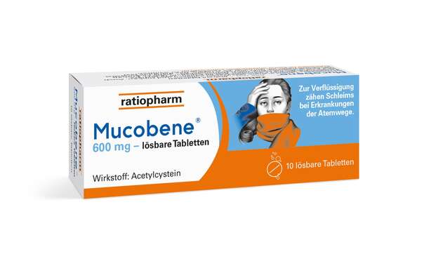 Sie sehen eine Packung Mucobene® 600 mg lösbare Tabletten, Produktbild: 01 Mucobene® 600 mg lösbare Tabletten, A-Nr.: 1342470 - 01