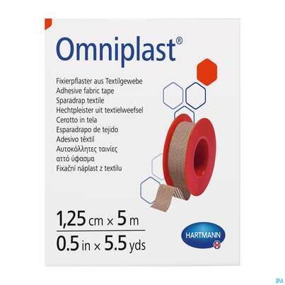 Sie sehen eine Packung Fixierpflaster Omniplast 5mx 1,25cm 1st, Produktbild: 01 Fixierpflaster Omniplast 5mx 1,25cm 1st, A-Nr.: 1565980 - 01