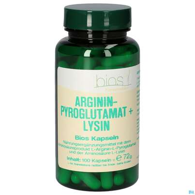 Sie sehen eine Packung Bios Argininpyroglutamat + Lysin 100 Kapseln, Produktbild: 01 Bios Argininpyroglutamat + Lysin 100 Kapseln, A-Nr.: 4247217 - 01