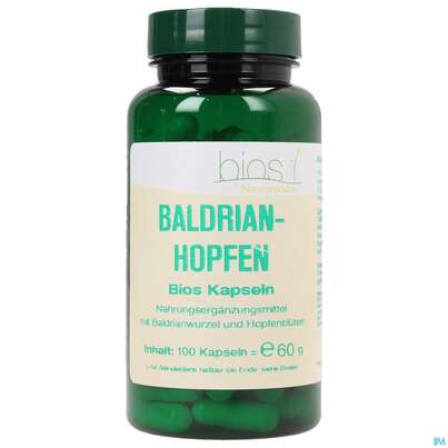 Sie sehen eine Packung Bios Baldrian-hopfen 100 Kapseln, Produktbild: 01 Bios Baldrian-hopfen 100 Kapseln, A-Nr.: 3967116 - 01
