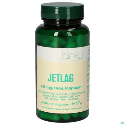 Sie sehen eine Packung Bios Jetlag 1,5mg 100 Kapseln, Produktbild: 01 Bios Jetlag 1,5mg 100 Kapseln, A-Nr.: 4246927 - 01