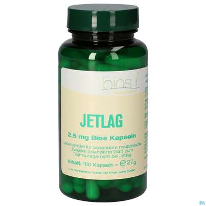 Sie sehen eine Packung Bios Jetlag 2.5mg 100 Kapseln, Produktbild: 01 Bios Jetlag 2.5mg 100 Kapseln, A-Nr.: 4246956 - 01
