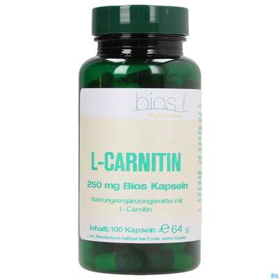 Sie sehen eine Packung Bios l-carnitin 250mg 100 Kapseln, Produktbild: 01 Bios l-carnitin 250mg 100 Kapseln, A-Nr.: 3891991 - 01