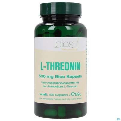 Sie sehen eine Packung Bios l-threonin 500mg 100 Kapseln, Produktbild: 01 Bios l-threonin 500mg 100 Kapseln, A-Nr.: 3892281 - 01