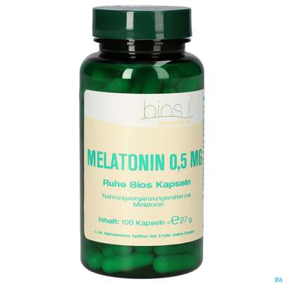 Sie sehen eine Packung Bios Melatonin Ruhe 0,5mg 100 Kapseln, Produktbild: 01 Bios Melatonin Ruhe 0,5mg 100 Kapseln, A-Nr.: 4246985 - 01
