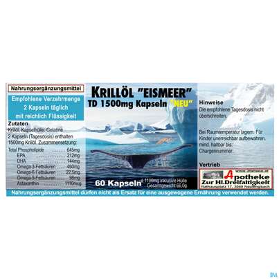 Sie sehen eine Packung Krill Oel Kapseln 1500mg Eismeer 60st, Produktbild: 03 Krill Oel Kapseln 1500mg Eismeer 60st, A-Nr.: 5405121 - 03