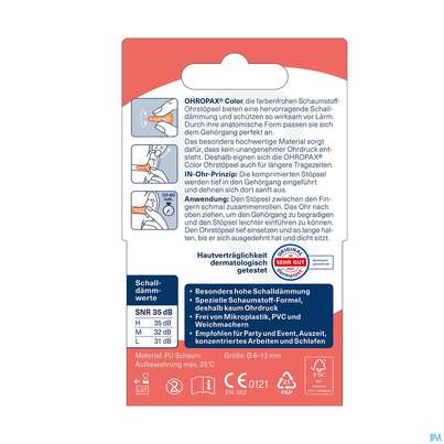 Ohrenschutz Ohropax Schaumstoffstoepsel Color Plux 8st, A-Nr.: 2281351 - 05