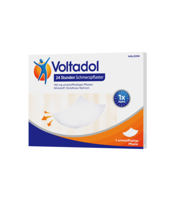 Sie sehen eine Packung Voltadol 24h Schmerzpflaster 5 Stück, Produktbild: 01 Voltadol 24h Schmerzpflaster 5 Stück, A-Nr.: 5534976 - 01