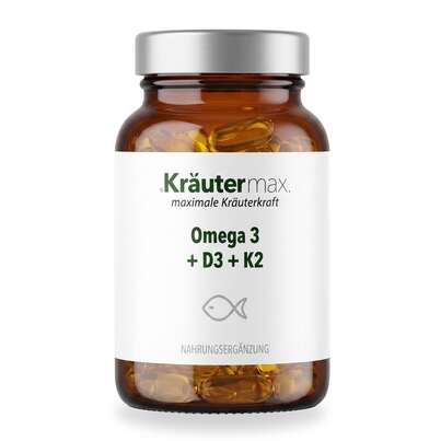 Sie sehen eine Packung Omega 3 + D3 2000 IE + K2 Kapseln 90 Stück, Produktbild: 01 Omega 3 + D3 2000 IE + K2 Kapseln 90 Stück, A-Nr.: 5746454 - 01