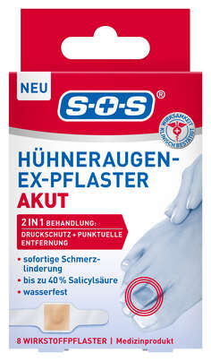 Sie sehen eine Packung SOS HÜHNERAUGEN-EX AKUT PFLASTER 8ST, Produktbild: 01 SOS HÜHNERAUGEN-EX AKUT PFLASTER 8ST, A-Nr.: 6142132 - 01