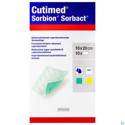 Sie sehen eine Packung Cutimed Sorbion Sorbact Steril Bakterienbind.+absorb. Wundauflage 10x20cm 72698 10st, Produktbild: 01 Cutimed Sorbion Sorbact Steril Bakterienbind.+absorb. Wundauflage 10x20cm 72698 10st, A-Nr.: 4750229 - 01