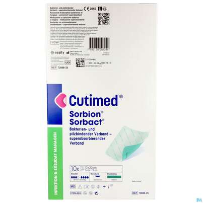 Sie sehen eine Packung Cutimed Sorbion Sorbact Steril Bakterienbind.+absorb. Wundauflage 10x20cm 72698 10st, Produktbild: 06 Cutimed Sorbion Sorbact Steril Bakterienbind.+absorb. Wundauflage 10x20cm 72698 10st, A-Nr.: 4750229 - 06