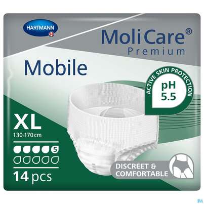 Sie sehen eine Packung Inkontinenz Molicare Premium/mobile/5 Tropfen Gruen Xl 130-170cm 14st, Produktbild: 01 Inkontinenz Molicare Premium/mobile/5 Tropfen Gruen Xl 130-170cm 14st, A-Nr.: 4176055 - 01