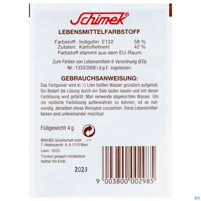 Sie sehen eine Packung Schimek Lebensmittelfarbe Nr 8 Mittelblau 4g, Produktbild: 03 Schimek Lebensmittelfarbe Nr 8 Mittelblau 4g, A-Nr.: 5745064 - 03
