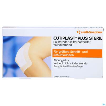 Sie sehen eine Packung Wundverband Cutiplast/vliesstoffverb. Steril/15x7,8cm Wundauf 11x4cm 66801 5st, Produktbild: 01 Wundverband Cutiplast/vliesstoffverb. Steril/15x7,8cm Wundauf 11x4cm 66801 5st, A-Nr.: 5672230 - 01