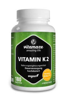 Sie sehen eine Packung Vitamaze Vitamin K2 200mcg hochdosiert vegan, Produktbild: 01 Vitamaze Vitamin K2 200mcg hochdosiert vegan, A-Nr.: 5179305 - 01