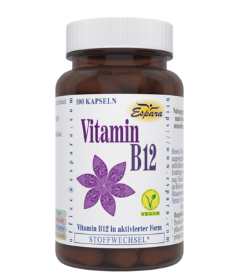 Sie sehen eine Packung Espara Vitamin B12 Kapseln, Produktbild: 01 Espara Vitamin B12 Kapseln, A-Nr.: 4836617 - 01