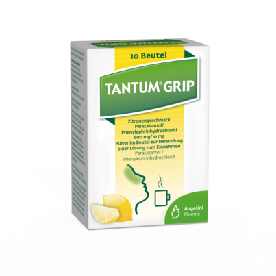 Tantum® Grip Zitronengeschmack Paracetamol/Phenylephrinhydrochlorid 600 mg/10 mg Pulver im Beutel zur Herstellung einer Lösung zum Einnehmen, A-Nr.: 5518664 - 02