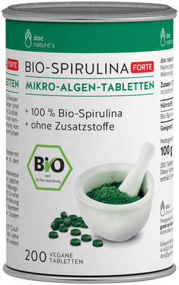 Sie sehen eine Packung doc nature’s BIO-SPIRULINA FORTE MIKRO-ALGEN-TABLETTEN, Produktbild: 01 doc nature’s BIO-SPIRULINA FORTE MIKRO-ALGEN-TABLETTEN, A-Nr.: 5664408 - 01