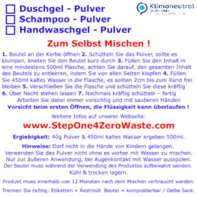 Sie sehen eine Packung Duschgel Pulver Shea Butter StepOne, Produktbild: 02 Duschgel Pulver Shea Butter StepOne, A-Nr.: 5447042 - 02