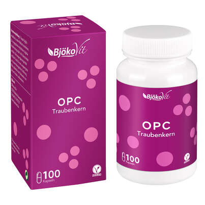 Sie sehen eine Packung BjökoVit OPC Traubenkern Kapseln vegan, Produktbild: 01 BjökoVit OPC Traubenkern Kapseln vegan, A-Nr.: 5174621 - 01