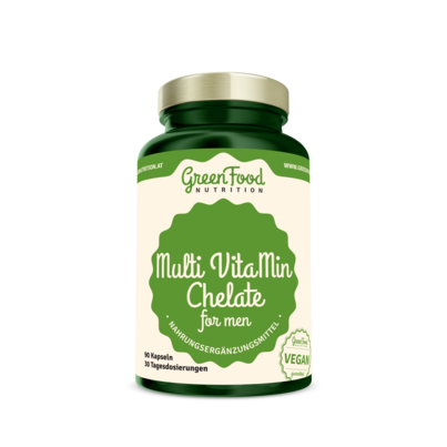 Sie sehen eine Packung GreenFood Nutrition Multi VitaMin Chelate für Männer 90 Kapseln, Produktbild: 01 GreenFood Nutrition Multi VitaMin Chelate für Männer 90 Kapseln, A-Nr.: 5634459 - 01