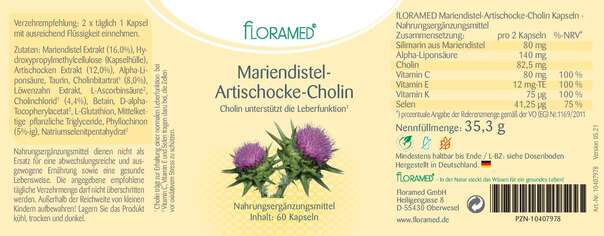 Sie sehen eine Packung Floramed Mariendistel-Artischocke-Cholin, Produktbild: 01 Floramed Mariendistel-Artischocke-Cholin, A-Nr.: 4390274 - 01