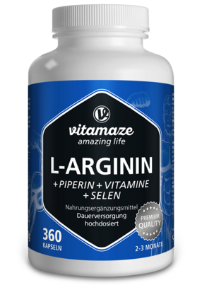 Sie sehen eine Packung Vitamaze L-Arginin 750mg hochdosiert +Piperin u. Vitamine, Produktbild: 01 Vitamaze L-Arginin 750mg hochdosiert +Piperin u. Vitamine, A-Nr.: 5179481 - 01