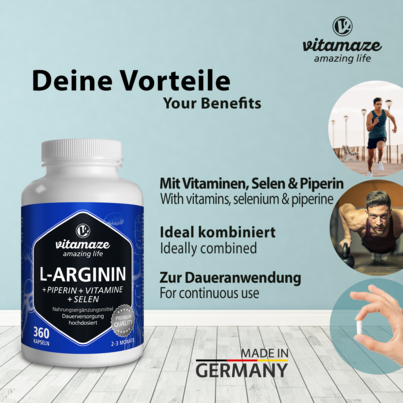 Sie sehen eine Packung Vitamaze L-Arginin 750mg hochdosiert +Piperin u. Vitamine, Produktbild: 03 Vitamaze L-Arginin 750mg hochdosiert +Piperin u. Vitamine, A-Nr.: 5179481 - 03