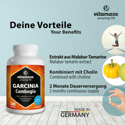 Sie sehen eine Packung Vitamaze Garcinia Cambogia +Cholin, Produktbild: 02 Vitamaze Garcinia Cambogia +Cholin, A-Nr.: 5179624 - 02