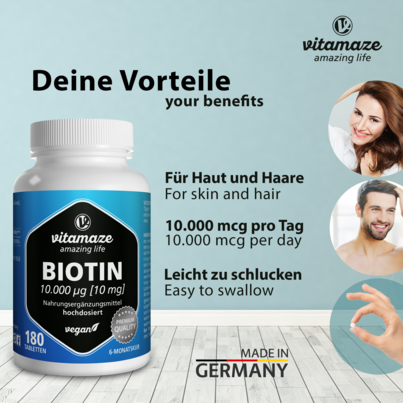 Sie sehen eine Packung Vitamaze Biotin 10mg hochdosiert vegan, Produktbild: 02 Vitamaze Biotin 10mg hochdosiert vegan, A-Nr.: 5274050 - 02