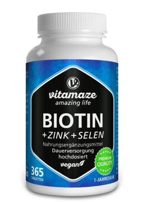 Sie sehen eine Packung Vitamaze Biotin 10mg hochdosiert +Zink u. Selen, Produktbild: 01 Vitamaze Biotin 10mg hochdosiert +Zink u. Selen, A-Nr.: 5179280 - 01