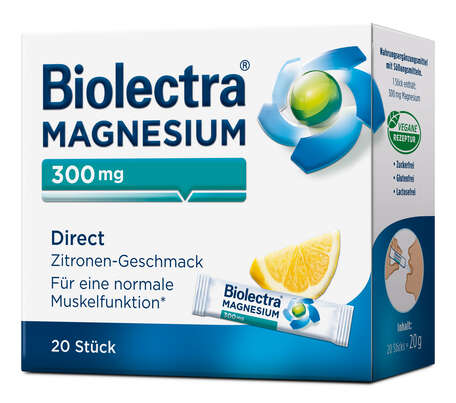 Sie sehen eine Packung Biolectra® Magnesium 300 mg Direct Zitrone Sticks 20 Stück, Produktbild: 01 Biolectra® Magnesium 300 mg Direct Zitrone Sticks 20 Stück, A-Nr.: 3157009 - 01