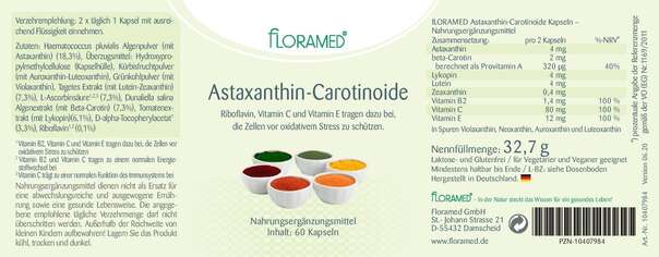 Sie sehen eine Packung Floramed Astaxanthin-Carotinoide, Produktbild: 01 Floramed Astaxanthin-Carotinoide, A-Nr.: 4389928 - 01