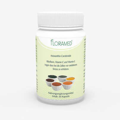 Sie sehen eine Packung Floramed Astaxanthin-Carotinoide, Produktbild: 02 Floramed Astaxanthin-Carotinoide, A-Nr.: 4389928 - 02