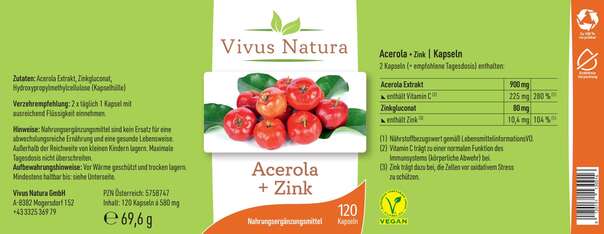Sie sehen eine Packung Acerola + Zink Kapseln, Produktbild: 01 Acerola + Zink Kapseln, A-Nr.: 5758747 - 01