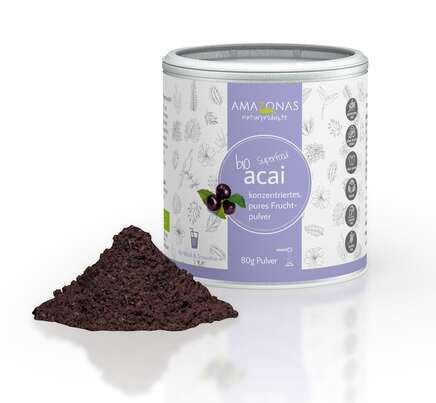Sie sehen eine Packung BIO Acai Fruchtpulver aus Brasilien, 100% pur, der natürliche Zellschutz, 80g, Produktbild: 01 BIO Acai Fruchtpulver aus Brasilien, 100% pur, der natürliche Zellschutz, 80g, A-Nr.: 5228972 - 01