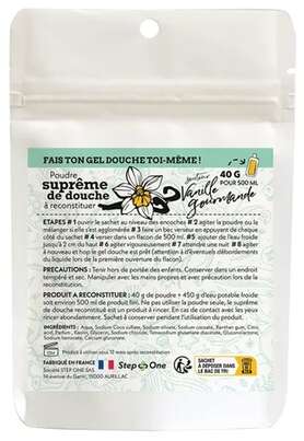 Sie sehen eine Packung Duschgel in Pulverform Vanille Gourmande StepOne 40gr = 500ml, Produktbild: 01 Duschgel in Pulverform Vanille Gourmande StepOne 40gr = 500ml, A-Nr.: 5838104 - 01