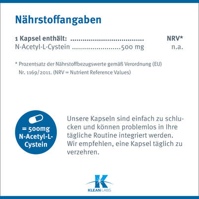 Sie sehen eine Packung N-Acetyl-L-Cystein 500mg Klean Labs Kapseln, Produktbild: 08 N-Acetyl-L-Cystein 500mg Klean Labs Kapseln, A-Nr.: 5395753 - 08