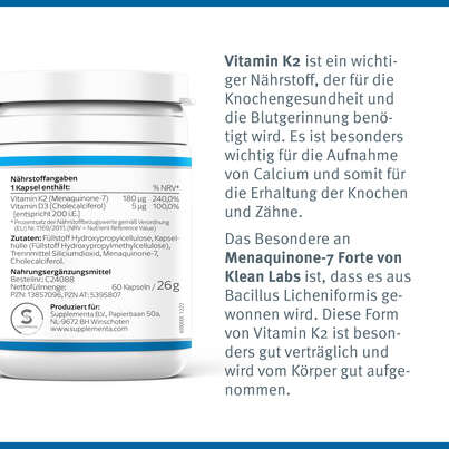 Sie sehen eine Packung Menaquinone-7 Forte Vitamin K2 Klean Labs Kapseln, Produktbild: 07 Menaquinone-7 Forte Vitamin K2 Klean Labs Kapseln, A-Nr.: 5395807 - 07