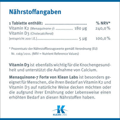 Sie sehen eine Packung Menaquinone-7 Forte Vitamin K2 Klean Labs Kapseln, Produktbild: 08 Menaquinone-7 Forte Vitamin K2 Klean Labs Kapseln, A-Nr.: 5395807 - 08