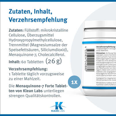Sie sehen eine Packung Menaquinone-7 Forte Vitamin K2 Klean Labs Kapseln, Produktbild: 09 Menaquinone-7 Forte Vitamin K2 Klean Labs Kapseln, A-Nr.: 5395807 - 09
