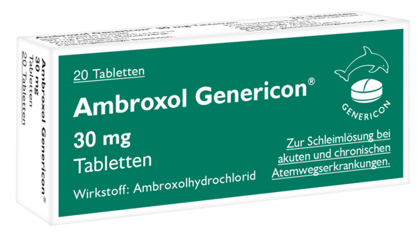Sie sehen eine Packung Ambroxol Genericon® Tabletten zur Schleimlösung, Produktbild: 01 Ambroxol Genericon® Tabletten zur Schleimlösung, A-Nr.: 1257787 - 01