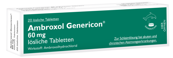 Sie sehen eine Packung Ambroxol Genericon® lösliche Tabletten zur Schleimlösung, Produktbild: 01 Ambroxol Genericon® lösliche Tabletten zur Schleimlösung, A-Nr.: 2437801 - 01
